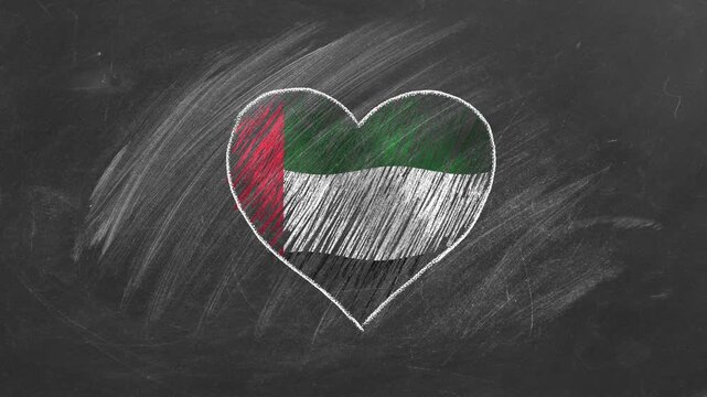 National flag of United Arab Emirates in heart shape  drawn with colored chalk on a blackboard