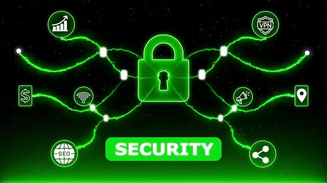 Cyber Security Network Protection Animation with Digital Lock and Data Icons.