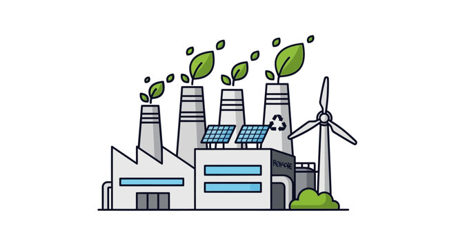 Line drawing of an industrial factory with solar panels and wind turbine emitting green leaves against a white background.