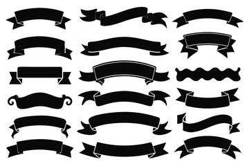 set of black banner ribbon silhouette line art vector illustration with a white background