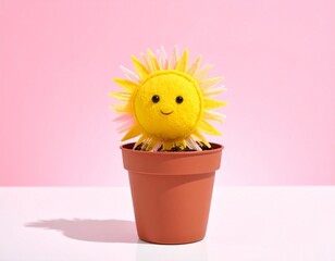 Minimalist pastel illustration of a small sun growing from a plant pot. Surreal background.