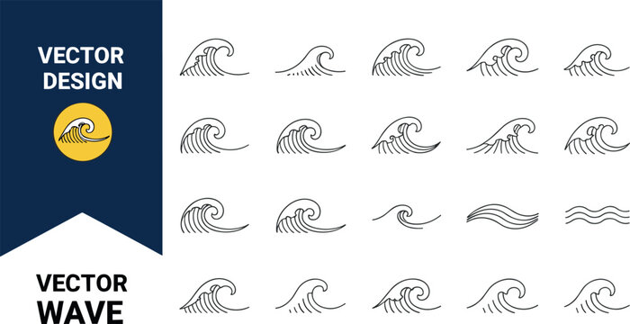 Collection of stylized ocean wave line icons in multiple flowing shapes for water and sea design