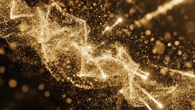 Golden particles flow and emit streaks of light against a dark background