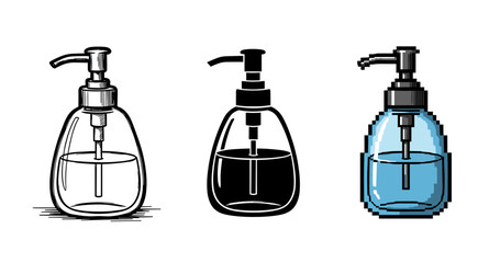 Obraz premium Stylized pump bottles: transparent, black, and blue designs