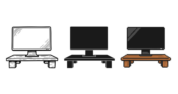 Three computer monitors: sketch, silhouette, and pixel art styles