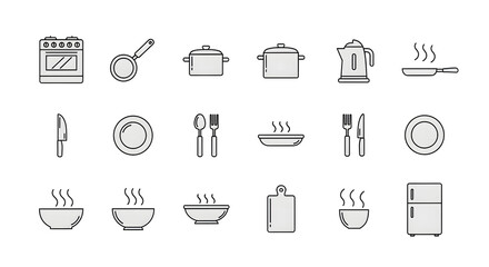 Fototapeta premium Collection of kitchen utensils and appliances icons set on a simple background from a straightforward viewpoint
