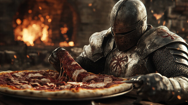 A medieval knight enjoying a massive, meat-covered pizza feast after a victorious battle