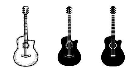 Obraz premium Set of three acoustic guitar silhouettes and outline illustrations