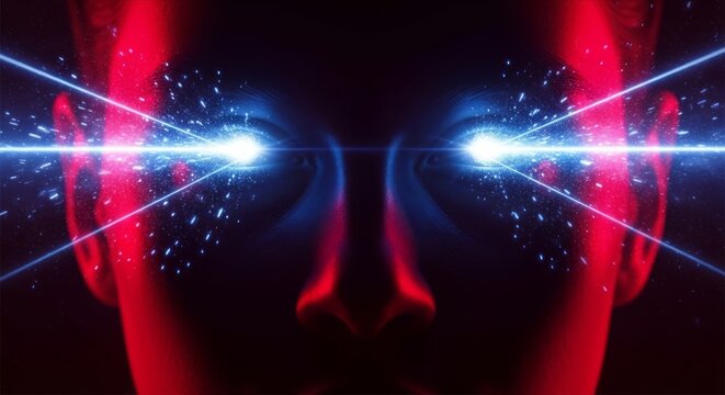 Futuristic Face with Laser Eyes and Neon Glow Effects