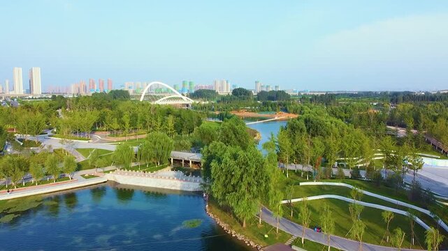 Zhengzhou Binhe International Town Aerial View with River and Modern Skyline