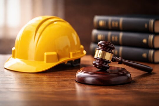 Yellow construction hard hat and wooden judge gavel with law books on desk labor law theme