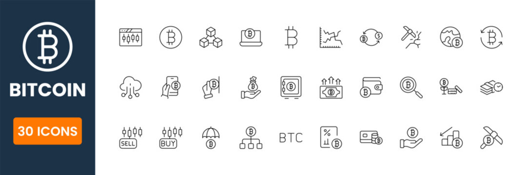 bitcoin icons collection, cryptocurrency finance and blockchain symbols, digital coin payment and trading vector UI icon pack