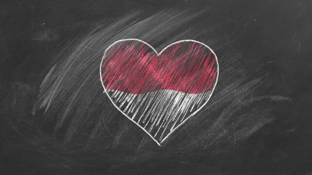 National flag of Indonesia in heart shape  drawn with colored chalk on a blackboard.