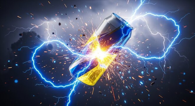 Lightning Strikes Energy Drink Can in Dark Background