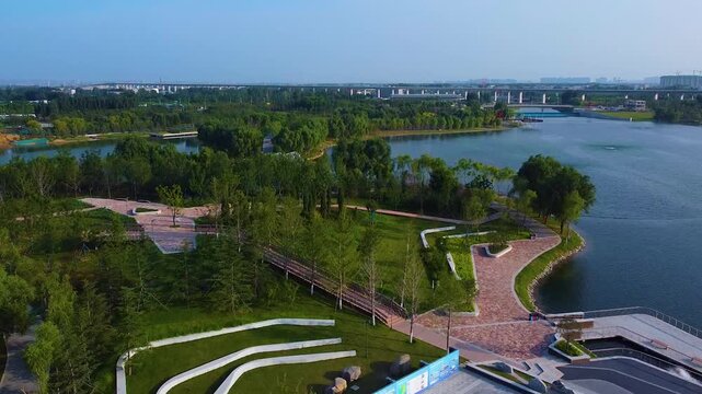 Butterfly Lake Park Zhengzhou Aerial View with Waterfront Pathways