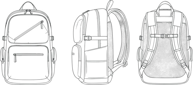 Backpack technical illustration, front side and back view, travel school bag design, detailed line art vector for product presentation