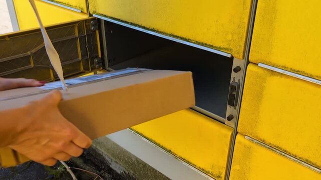 Woman Collecting Parcels at a Contactless Self-Service Pickup Point.  