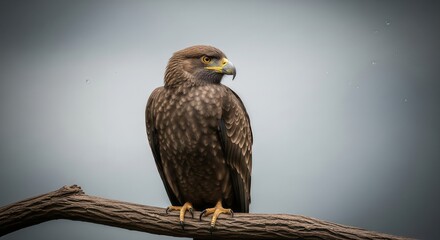 A brown bird perched on a tree branch against a gray background