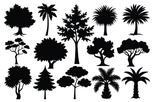 set of tree silhouette line art vector illustration with a white background