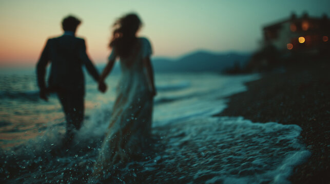 Romantic wedding couple running into ocean waves at sunset, bride in flowing lace gown and groom in dark suit holding hands on beach shoreline, cinematic motion blur with golden hour light creating 