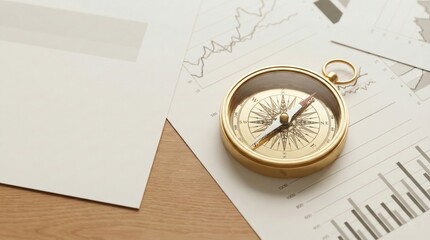 Golden Compass on Financial Analysis Charts for Investment Strategy and Market Direction Concept
