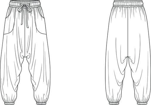 Harem pants technical fashion illustration, front and back view, loose fit trousers, elastic waistband, flat sketch design for apparel production