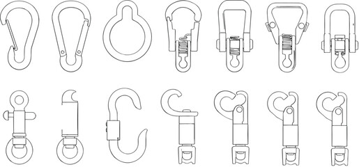 Metal hook and carabiner assortment, minimalist line art hardware connectors set, industrial safety clips illustration isolated on white © Hello World
