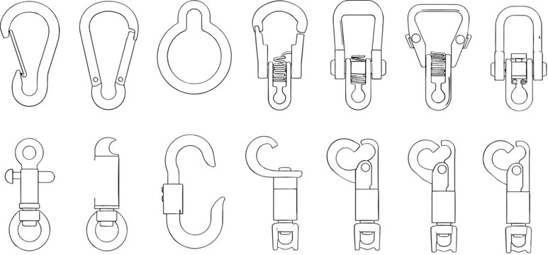 Metal hook and carabiner assortment, minimalist line art hardware connectors set, industrial safety clips illustration isolated on white