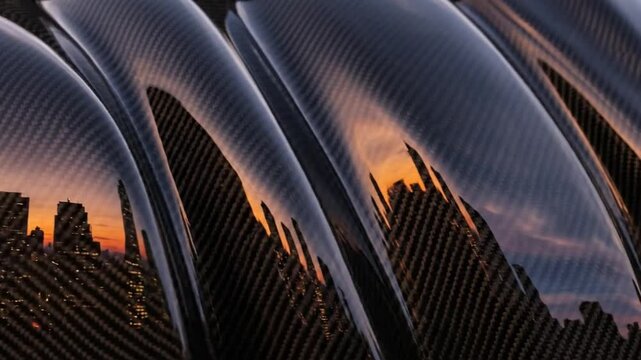 Abstract Carbon Fiber Waves Reflecting a Cityscape at Sunset.