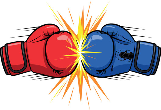 Red and blue boxing gloves clashing with yellow impact spark explosion isolated on white background, 