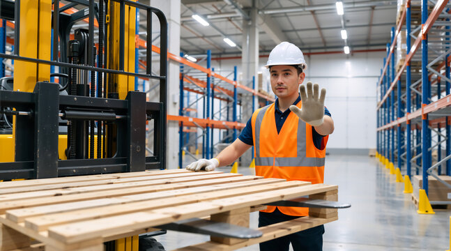 Warehouse worker making a stop hand gesture for safety. Male employee in hard hat and orange vest signaling caution in a distribution center. Logistics and workplace safety concept