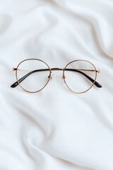 Elegant Gold Round Eyeglasses on White Silk