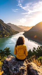 Woman views a wide river, nestled between wooded mountains under a clear blue sky at golden sunset
