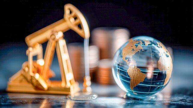 Glass globe with golden continents beside oil pumpjack model and coin stacks, concept of global oil economy and geopolitics