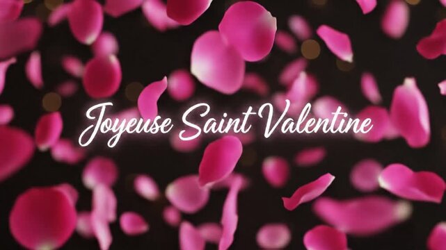 Falling pink rose petals with 'Joyeuse Saint Valentine' text