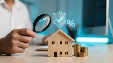 A person holding a magnifying glass over a small wooden house model, floating virtual shield icon and glowing percentage sign