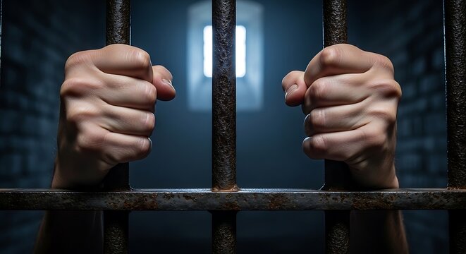 A poignant image of hands grasping rusty prison bars with a dimly lit cell in the background, conveying a sense of confinement and longing for freedom.