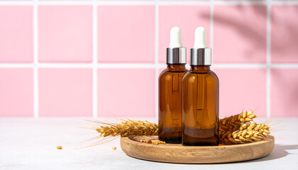 Fototapeta premium Two amber dropper bottles of serum or oil with wheat stalks on a wooden tray against pink tiles