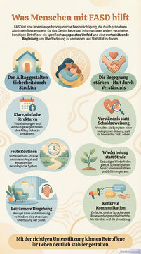 Infographic showcasing support for individuals with FASD with icons and text. The infographic aims to provide understanding and guidance