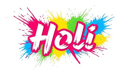 Holi festival typography with vibrant paint splashes and colorful splatters vector illustration representing joyful spring celebration and traditional indian cultural festivities