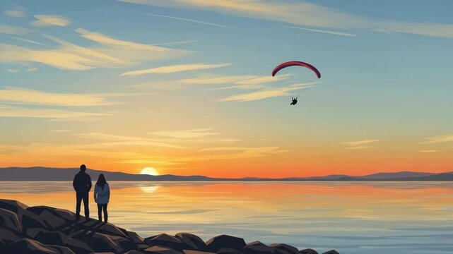 Couple enjoying sunset at beach with paraglider in sky