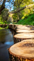 Log stepping stones crossing a stream with out-of-focus green trees overhead on a bright, sunny day, nature scene