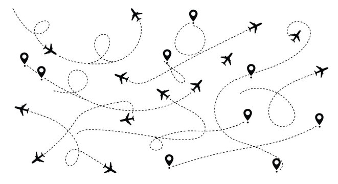 Airplane flight path routes collection, travel map navigation vector set, aviation route illustration, destination location pins, isolated background design