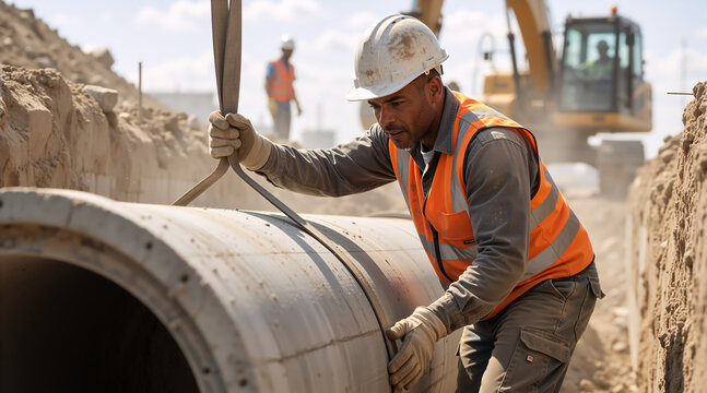 Construction worker installing concrete pipe in a trench. Professional man in safety vest and hard hat at infrastructure site. Civil engineering and manual labor concept