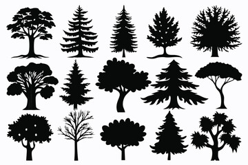 Fototapeta premium set of tree silhouette line art vector illustration with a white background