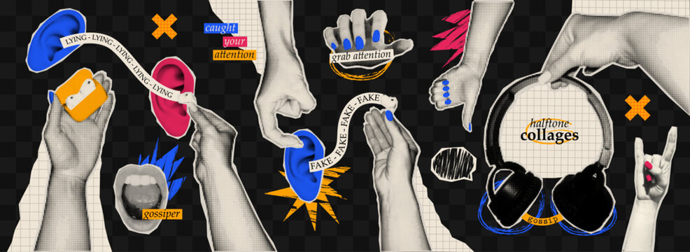Edgy halftone collage of hands, ears, and text symbols about music, gossip, and lies. Bold design perfect for posters, zines, or social media. Gossip and rumors concept.