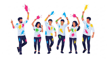 Obraz premium Diverse group of people celebrating Holi festival with colorful powder joyful outdoor activity vector illustration for festive design