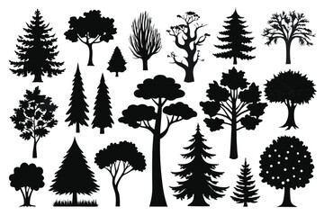 set of tree silhouette line art vector illustration with a white background