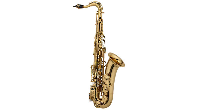 Gold tenor saxophone with intricate engravings on black background