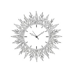 Artistic Sun Clock with Floral Ornaments, Time Concept, Black and White